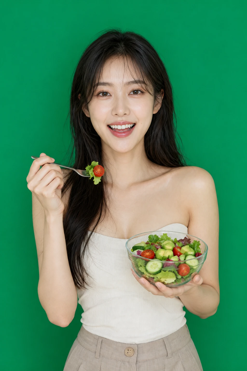 샐러드 볼을 들고 웃는 여성 모델